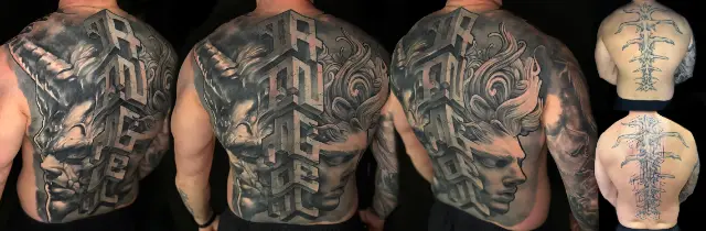Angel / Demon — full back cover-up, 3D lettering