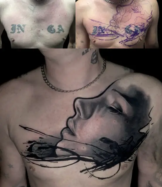 Chest cover-up — black & grey realism portrait, trash style